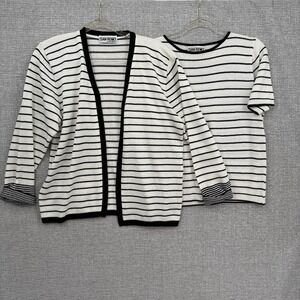 Vintage‎ San Remo Sweater Set Womens Medium Black Striped Cardigan Shell 80s